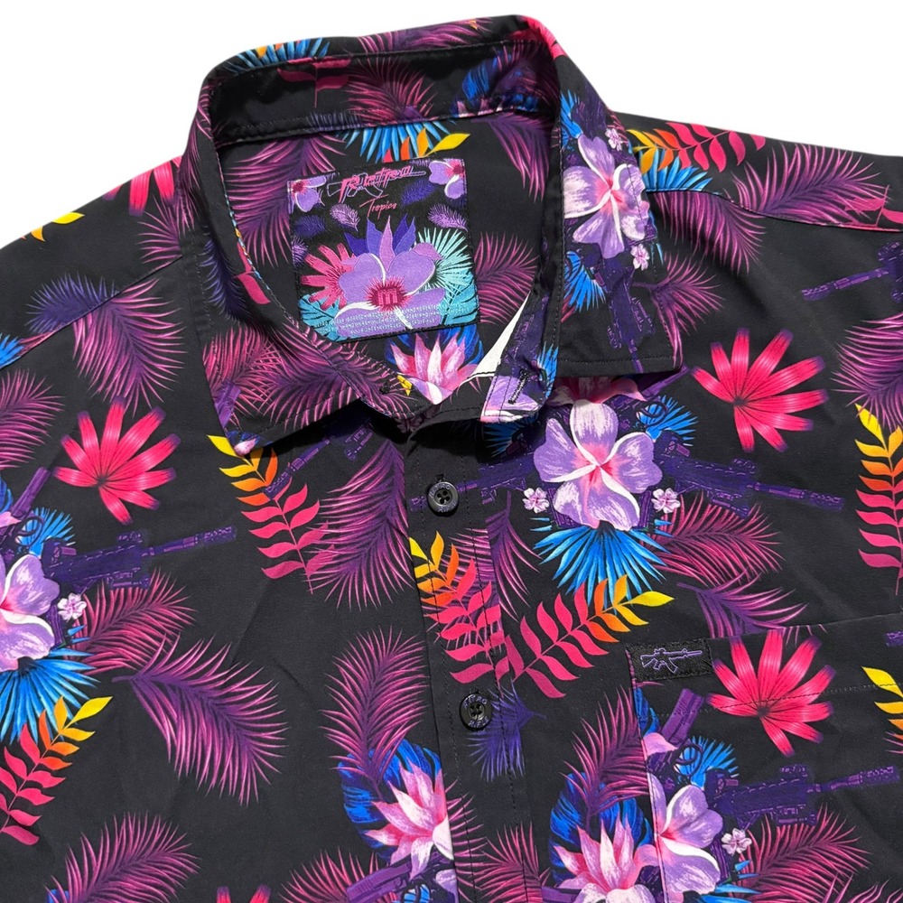 Retro Rifle Tropics‎ Black All Over Hawaiian Shirt Short Sleeve Button Down Sz M